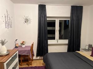 um quarto com uma cama, uma secretária e uma janela em MC Home Wup 3e Etage em Wuppertal