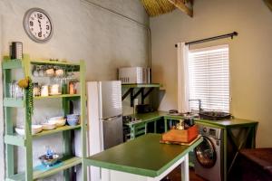 a kitchen with green shelves and a refrigerator at Die Dam Huis in Nieu-Bethesda