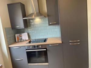 a kitchen with gray cabinets and a stove at Number 3 in Penrhyn Bay