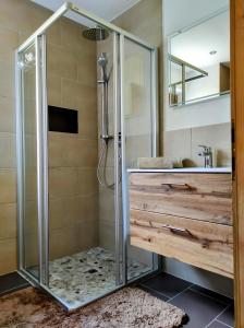 a shower stall with a glass door in a bathroom at Ferienwohnung Bergzauber in Maurach