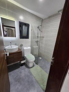 y baño con aseo, lavabo y ducha. en Casa M- 1 bedroom apartment Aquaview complex, en Bijilo