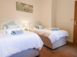 a bedroom with two beds with white sheets and blue pillows at The Milking Parlour in Cranbrook