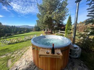 a hot tub with a bottle of wine and two glasses at Willa Karolina in Czorsztyn