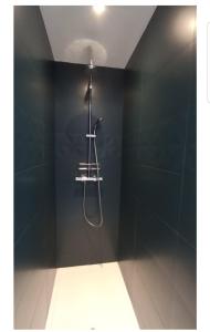 een badkamer met een douche in een zwarte muur bij L'Étape du Tourmalet in Luz-Saint-Sauveur
