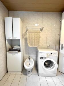 a bathroom with a washing machine and a toilet at Salzkammergut Homes Gmunden - Haus im Grünen, Ruhe, großer eingezäunter Garten - ideal für Familien und Hunde in Pinsdorf +12 photos