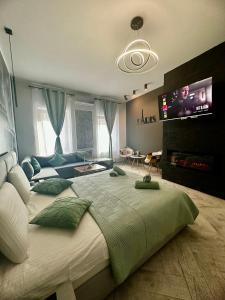 a bedroom with a large bed and a flat screen tv at Stay Inn Central Brasov Apartments in Braşov