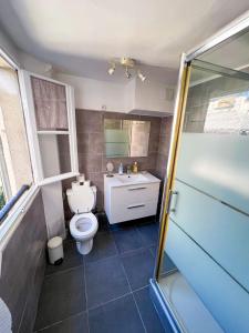 a bathroom with a toilet and a sink and a shower at Charming two-room apartment near Montparnasse in Paris