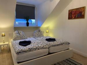 ein Schlafzimmer mit einem Bett mit Kissen und einem Fenster in der Unterkunft Mc‘Maggies Atelier in Meerbusch