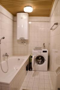 ein Badezimmer mit einer Waschmaschine und einem Waschbecken in der Unterkunft Ferienhaus am Fluss in Pinsdorf
