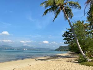 a beach with two palm trees and the ocean at Studio at the Beach in Ban Ao Makham