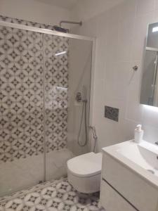 a bathroom with a shower and a toilet and a sink at Braga Center Apartments - São Vicente 78 in Braga
