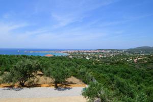 Modone Villas in Peloponnese في ميثوني: اطلالة على شاطئ به اشجار والمحيط