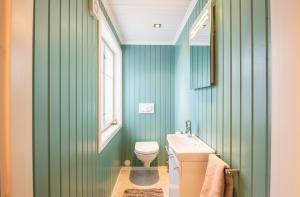 uma casa de banho verde com um WC e um lavatório em Skomakerhuset em Løten