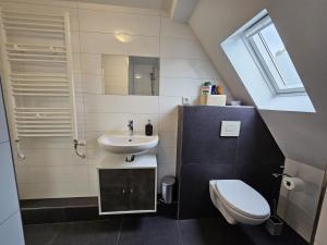 a small bathroom with a sink and a toilet at Ferienwohnung zur Grenze in Gronau