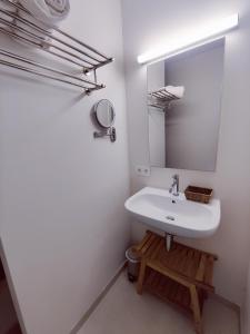 ein weißes Badezimmer mit einem Waschbecken und einem Spiegel in der Unterkunft Domein Het Weiland in Damme
