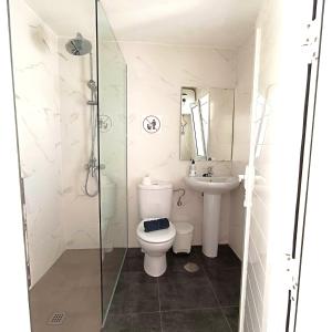 a bathroom with a toilet and a sink at Mirador del muelle house in Orzola