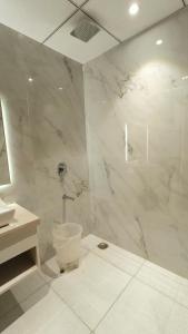 uma casa de banho branca com um chuveiro e um lavatório. em Hotel Blue Sapphire em Kota