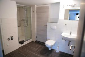 a bathroom with a toilet and a sink and a shower at Meutzner Hohendorf Wolgast in Hohendorf