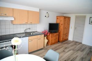 uma cozinha com armários de madeira, um lavatório e uma televisão em Meutzner Hohendorf Wolgast em Hohendorf