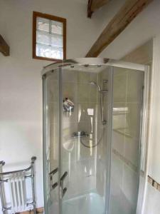 a shower in a bathroom with a glass enclosure at 9A Viaduct Cottage - the cosiest bolthole in the SW! in Hayle