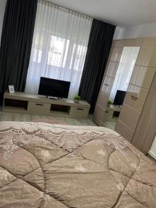 a bedroom with a large bed in front of windows at Luana & Priam home in Petrila