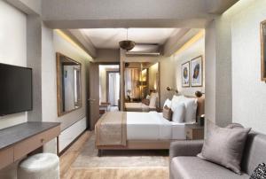 ein Hotelzimmer mit einem Bett, einem Sofa und einem TV in der Unterkunft Mula Hotel in Istanbul