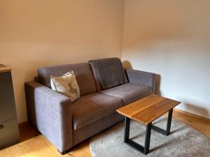 a brown couch in a living room with a coffee table at Apartment Kleines Bergblick 15 by Interhome in Söll