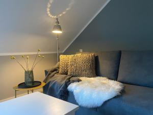 a living room with a blue couch with two pillows at Weinquartier11 in Bernkastel-Kues