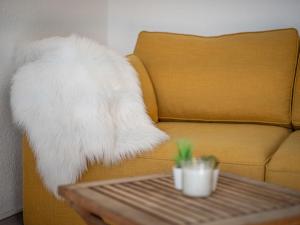 een witte kat op een bank naast een tafel bij Studio Beau séjour 15 by Interhome in Ovronnaz