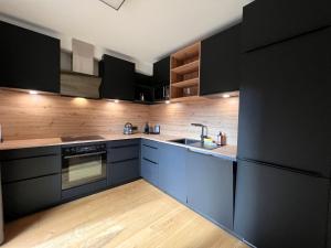 ゼルにあるApartment Comfort Bergblick 08 by Interhomeの青いキャビネットとシンクのあるキッチン