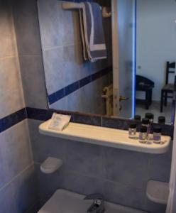 bagno con servizi igienici, lavandino e specchio di Royal Club Hotel - Aqua Poolside Bliss a Kamenitsotaíika