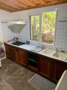eine Küche mit einem Waschbecken und einem Fenster in der Unterkunft Saint Leu - Gîte Ylang Ylang - Bardzour in Saint-Leu