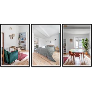 four pictures of a room with a bed and a table at Le Bon Enfant - Appartements design en centre ville in Cusset