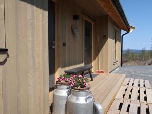 a porch of a building with two metal pots with flowers at Holiday Home Sinnsro - VDS100 by Interhome in Ron