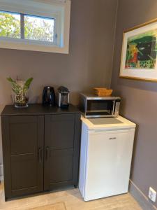 eine Küche mit einer Mikrowelle auf dem Kühlschrank in der Unterkunft Suite i gjestehus, nær sentrum in Sandefjord