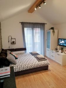 a bedroom with a bed and a large window at Studio Apartman Roxy in Fužine