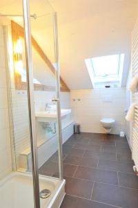 a bathroom with a shower and a sink and a toilet at Auszeit in Obermaiselstein