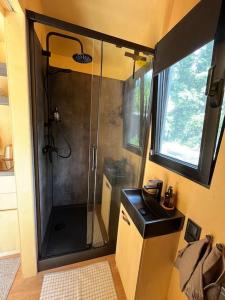 a bathroom with a shower and a sink at Tiny House zwischen Berlin und Potsdam in Berlin