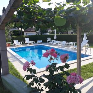 a swimming pool in a yard with pink flowers at Apartment Medulin (112-1) in Medulin