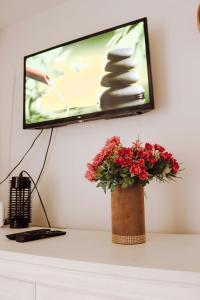 a vase of flowers sitting on a table with a tv at Weekend Joy Home Visoko in Visoko