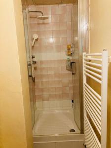 y baño con ducha y puerta de cristal. en Chambre chez l'habitant. en Metz