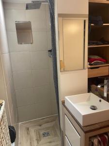 un bagno con doccia e lavandino di Charmante maison-chalet, vélos et jacuzzi ad Arcachon Altre 20 foto