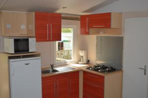 a kitchen with wooden cabinets and a sink and a microwave at camping Le moulin in Patornay