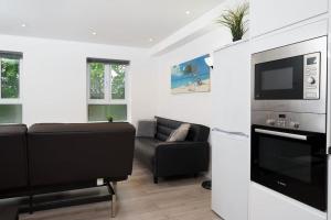een woonkamer met een bank en een televisie bij Lovely 3 Bed Flat in a Great Location in London in Londen
