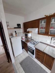 a kitchen with a white refrigerator and wooden cabinets at Apartments Lota in Starigrad-Paklenica