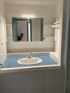 een badkamer met een wastafel en een spiegel bij ST CYPRIEN D29 -4/5 pers- à 250m de la plage de sable Saint Cyprien in Lecci