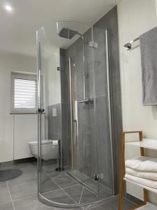 y baño con ducha, aseo y lavamanos. en Ferienhaus De Luxe en Engen