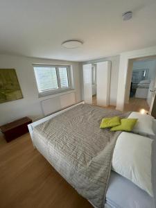 1 dormitorio con 1 cama grande con almohadas verdes en Ferienhaus De Luxe en Engen