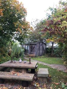 a picnic table with three birds sitting on top of it at The Goods Wagon, private garden and stunning views in High Buston +7 photos