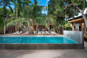 - une piscine dans un complexe avec des palmiers dans l'établissement Arca, à Roatán